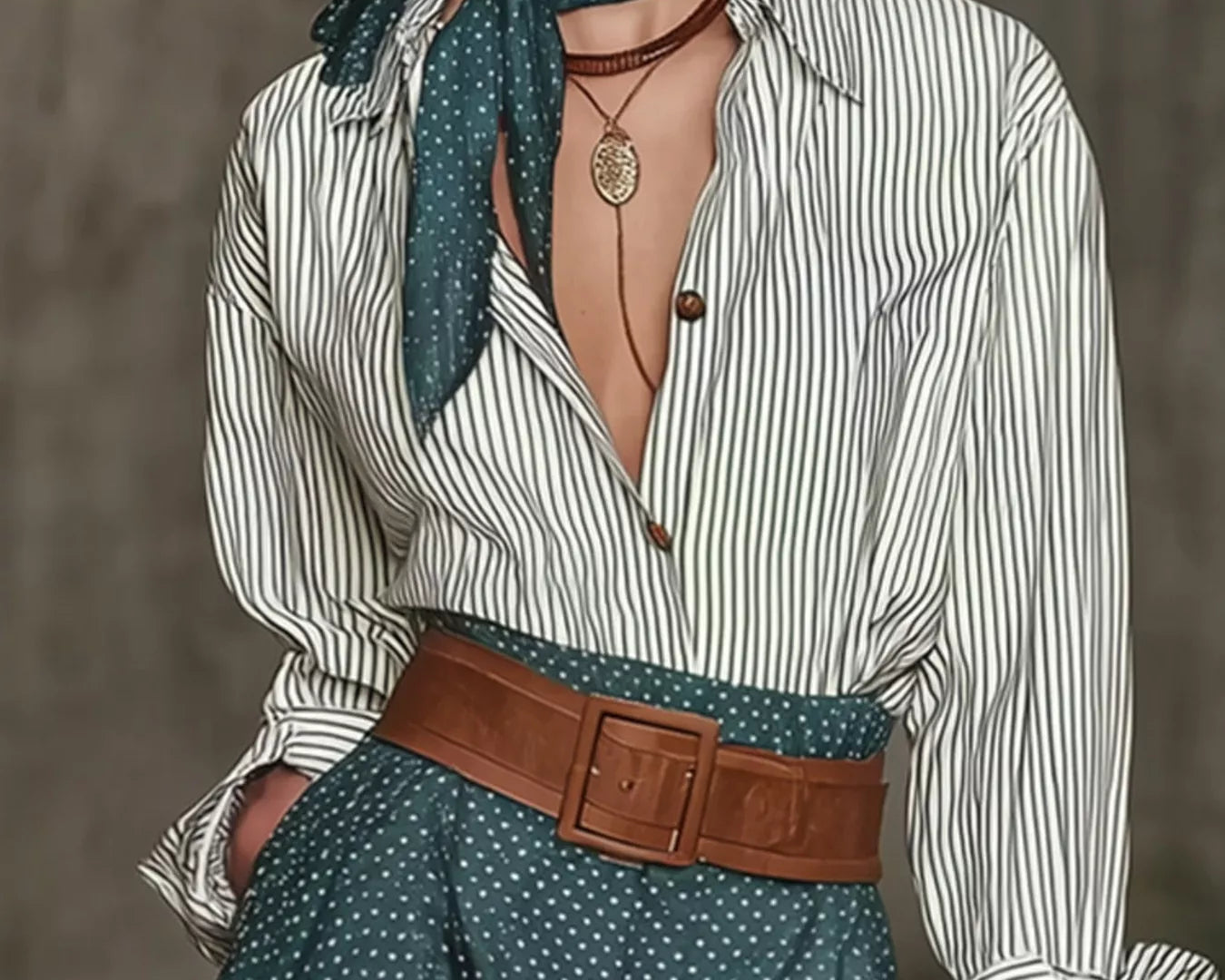 NEWYORKLISTED STYLE COLLECTION: A woman models a white and green vertically striped button-down shirt paired with a matching green polka-dot skirt, a brown leather belt, and a green polka-dot neck scarf.