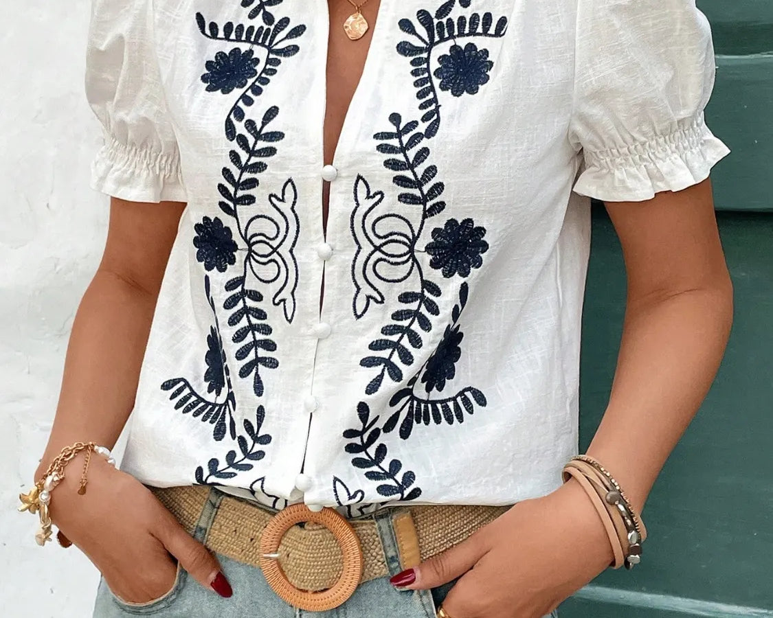 NEWYORKLISTED STYLE COLLECTION: Embroidered Frill Notched Short Sleeve Blouse