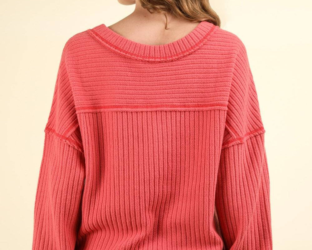 NEWYORKLISTED STYLE COLLECTION: Exposed Seam V-Neck Ribbed Knit Top - NEWYORKLISTED