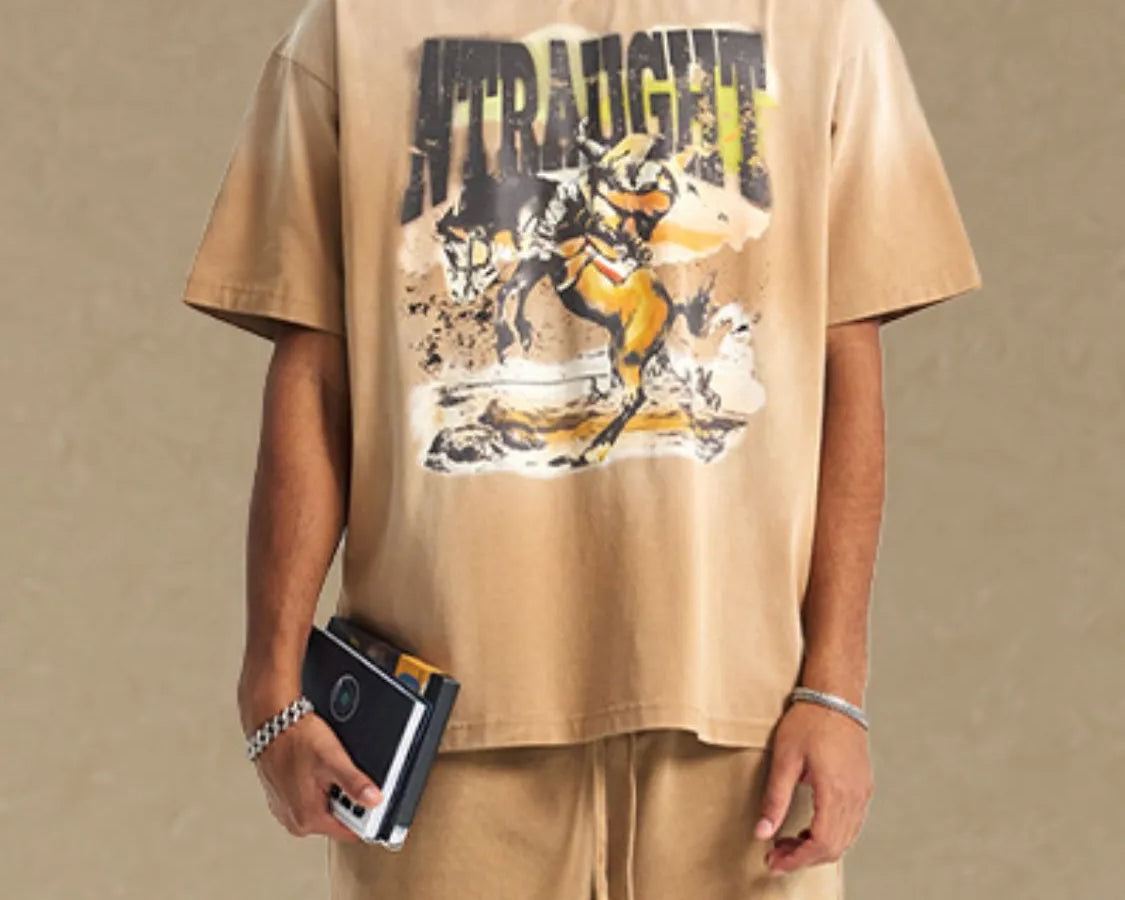 NEWYORKLISTED ATLAS MEN'S COLLECTION: Person wearing a beige t-shirt with a graphic design on a plain background