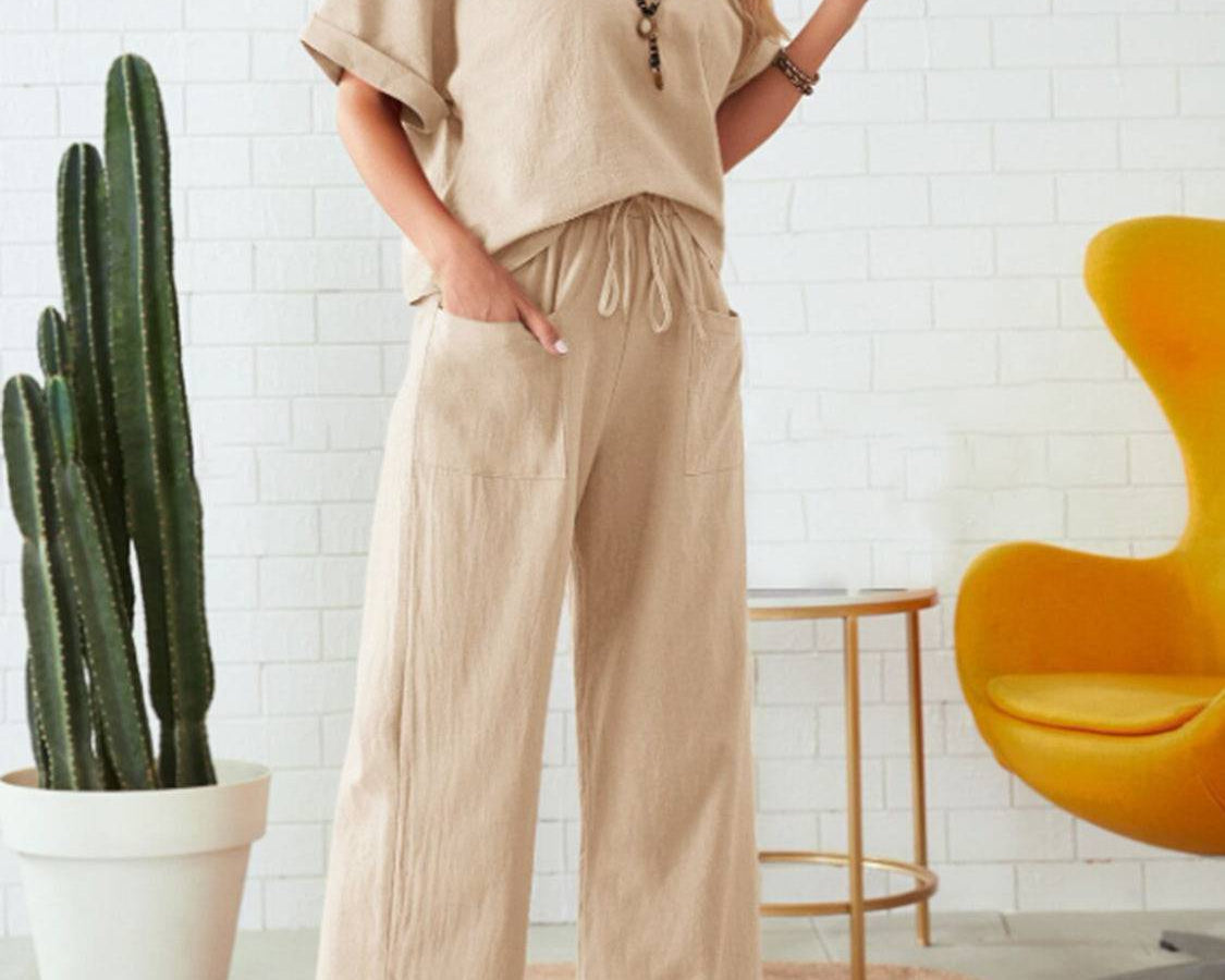 NYLD: Round Neck Half Sleeve Top and Pocketed Pants Set - NEWYORKLISTED