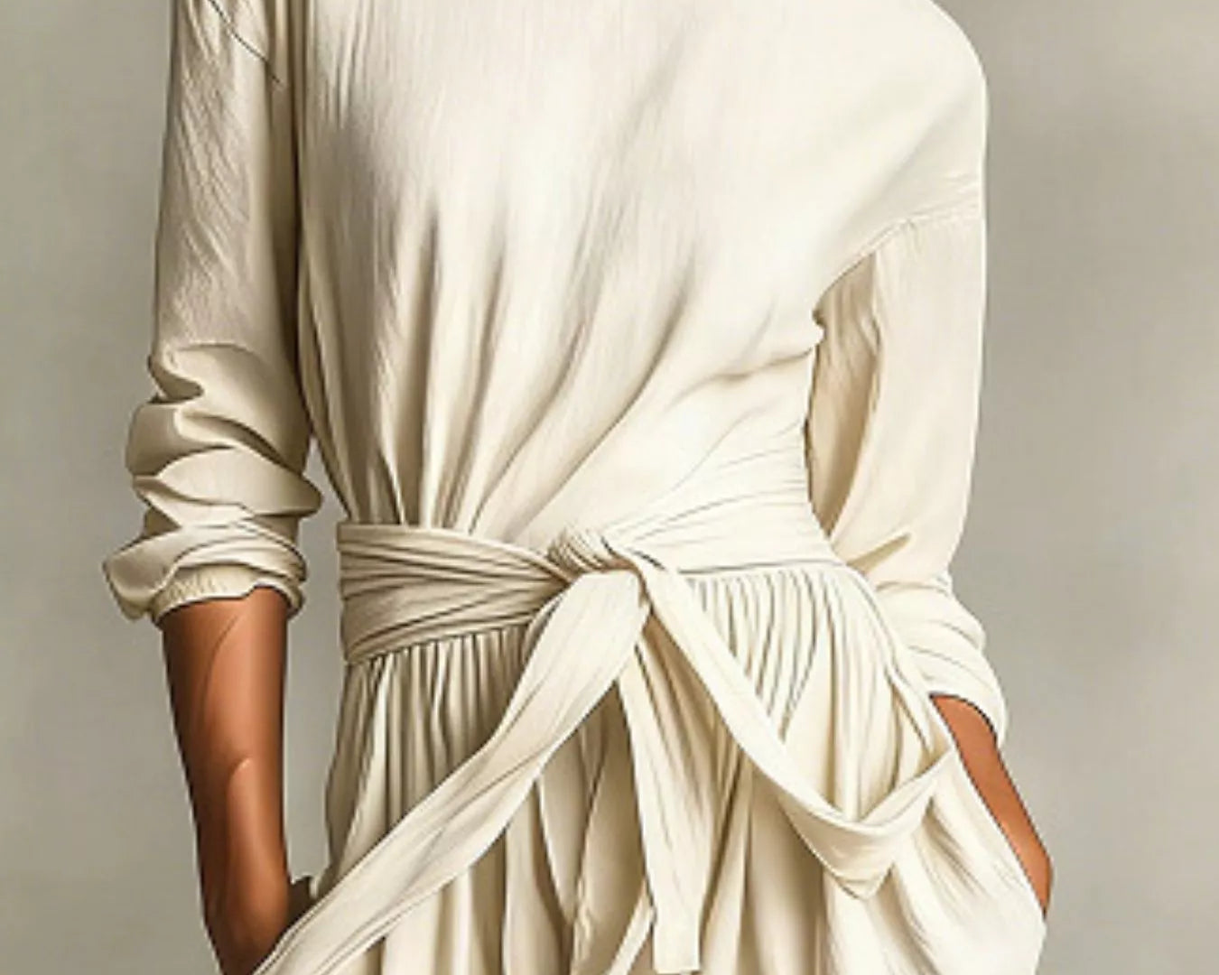 NEWYORKLISTED STYLE COLLECTION: Woman wearing a long, flowing white dress with a neutral background
