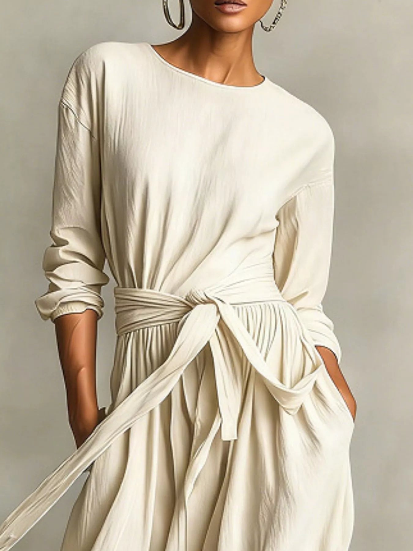 NEWYORKLISTED STYLE COLLECTION: Woman wearing a long, flowing white dress with a neutral background