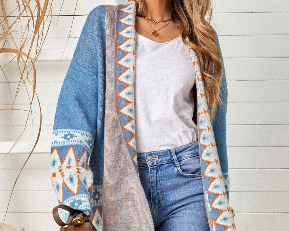 Geometric Open Front Long Sleeve Cardigan - NEWYORKLISTED