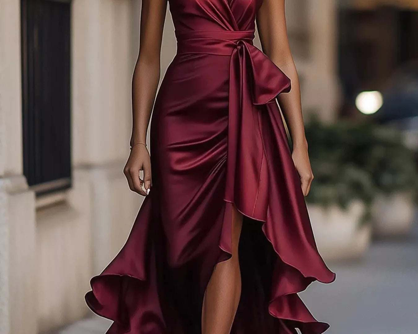 NEWYORKLISTED STYLE COLLECTION: Woman wearing a burgundy halter neck dress with a high slit on a city street.