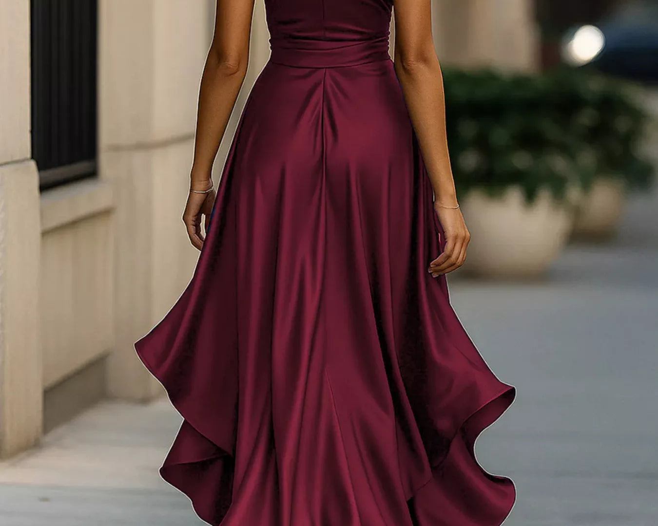 NEWYORKLISTED STYLE COLLECTION: Woman wearing a burgundy evening gown walking on a city street.