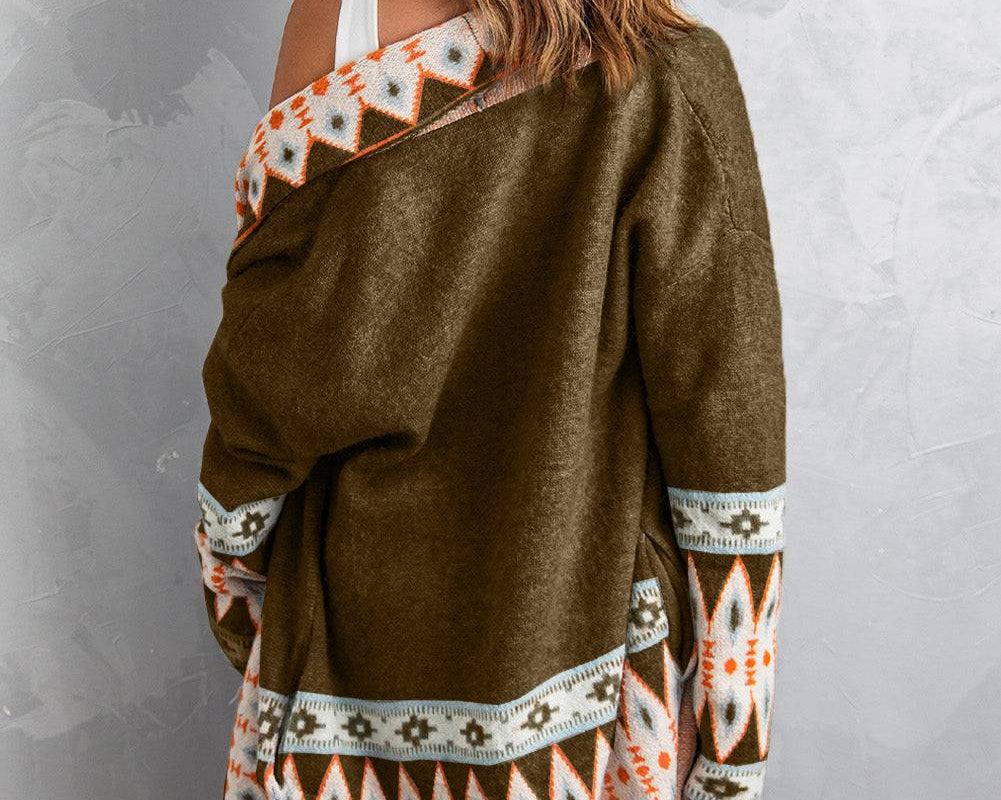 Geometric Open Front Long Sleeve Cardigan - NEWYORKLISTED