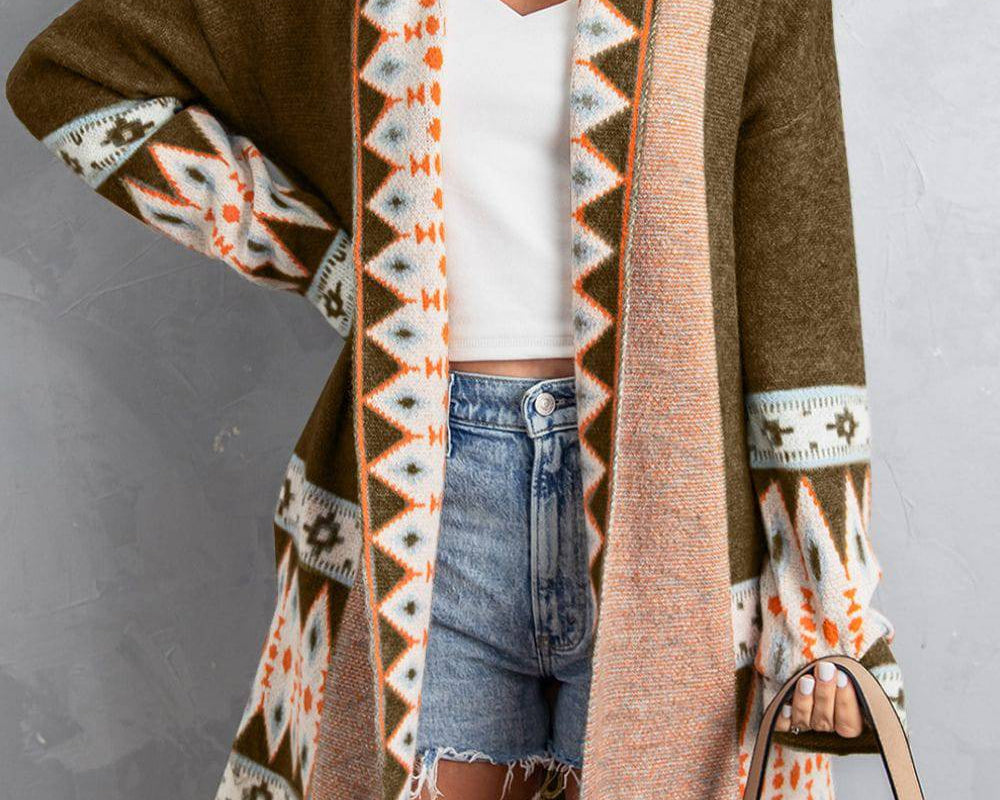 Geometric Open Front Long Sleeve Cardigan - NEWYORKLISTED