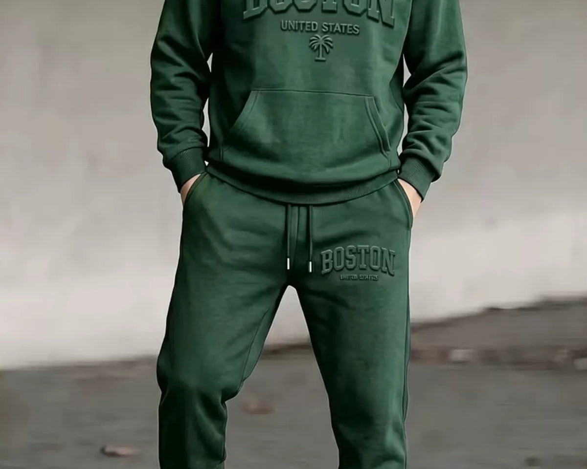 NEWYORKLISTED ATLAS MEN'S COLLECTION: Men's green Boston hoodie and jogger pants set, model wearing set