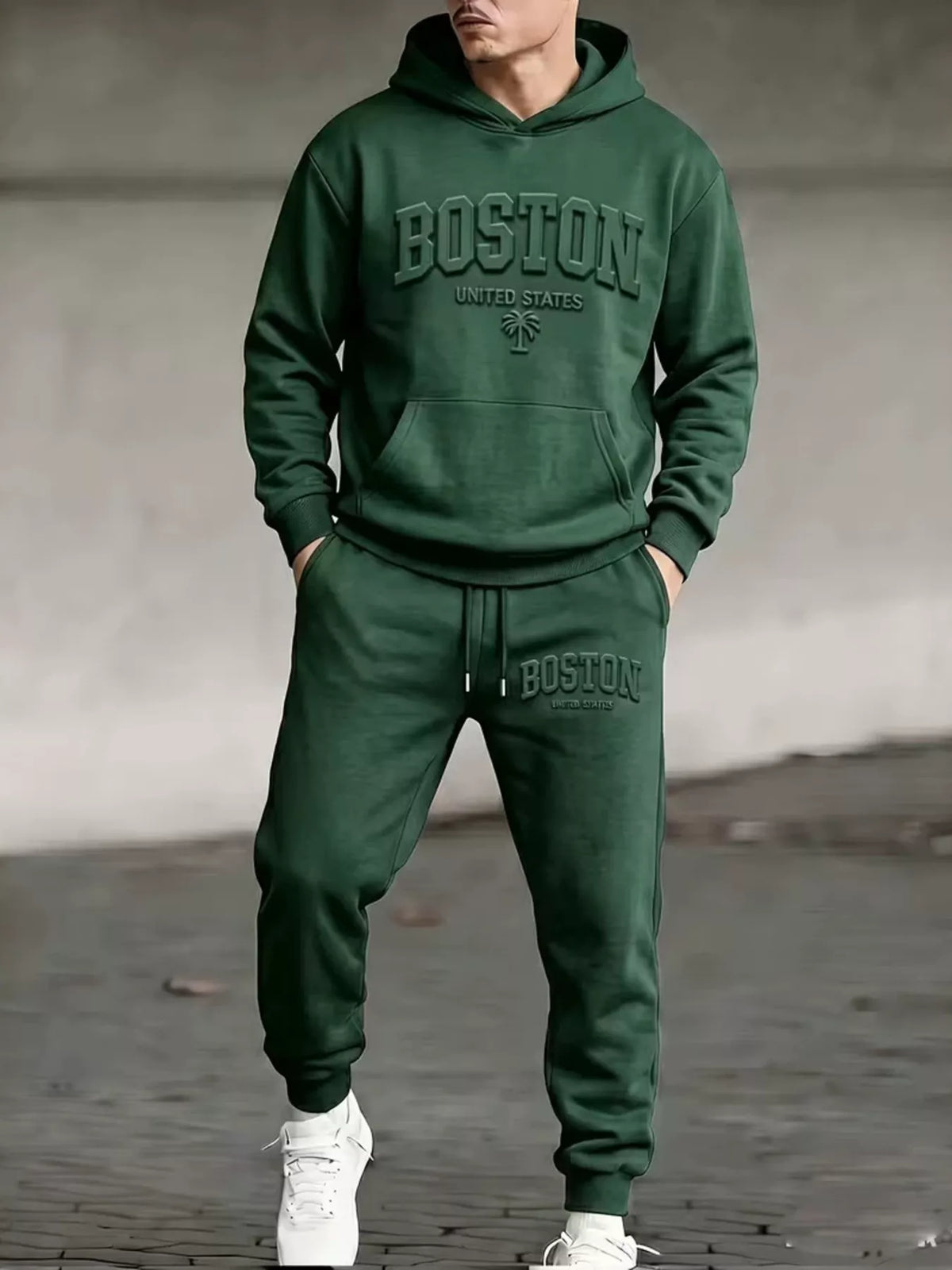 NEWYORKLISTED ATLAS MEN'S COLLECTION: Men's green Boston hoodie and jogger pants set, model wearing set