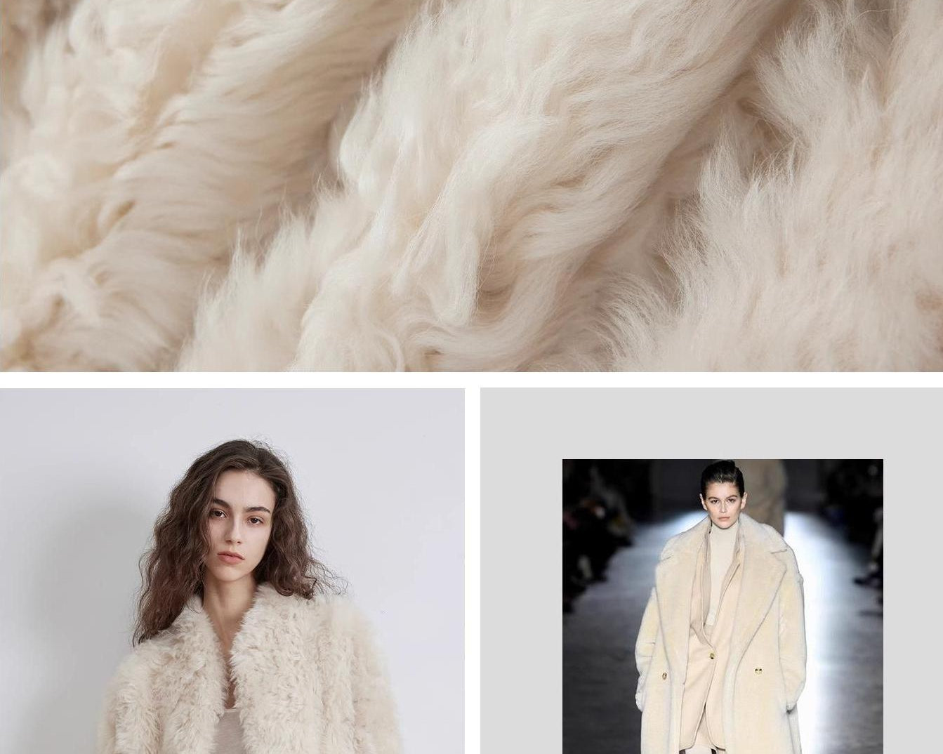 NEWYORKLISTED STYLE COLLECTION: Collage of fur fabric, a woman wearing a fur coat, and a fashion runway with a model in a fur coat.