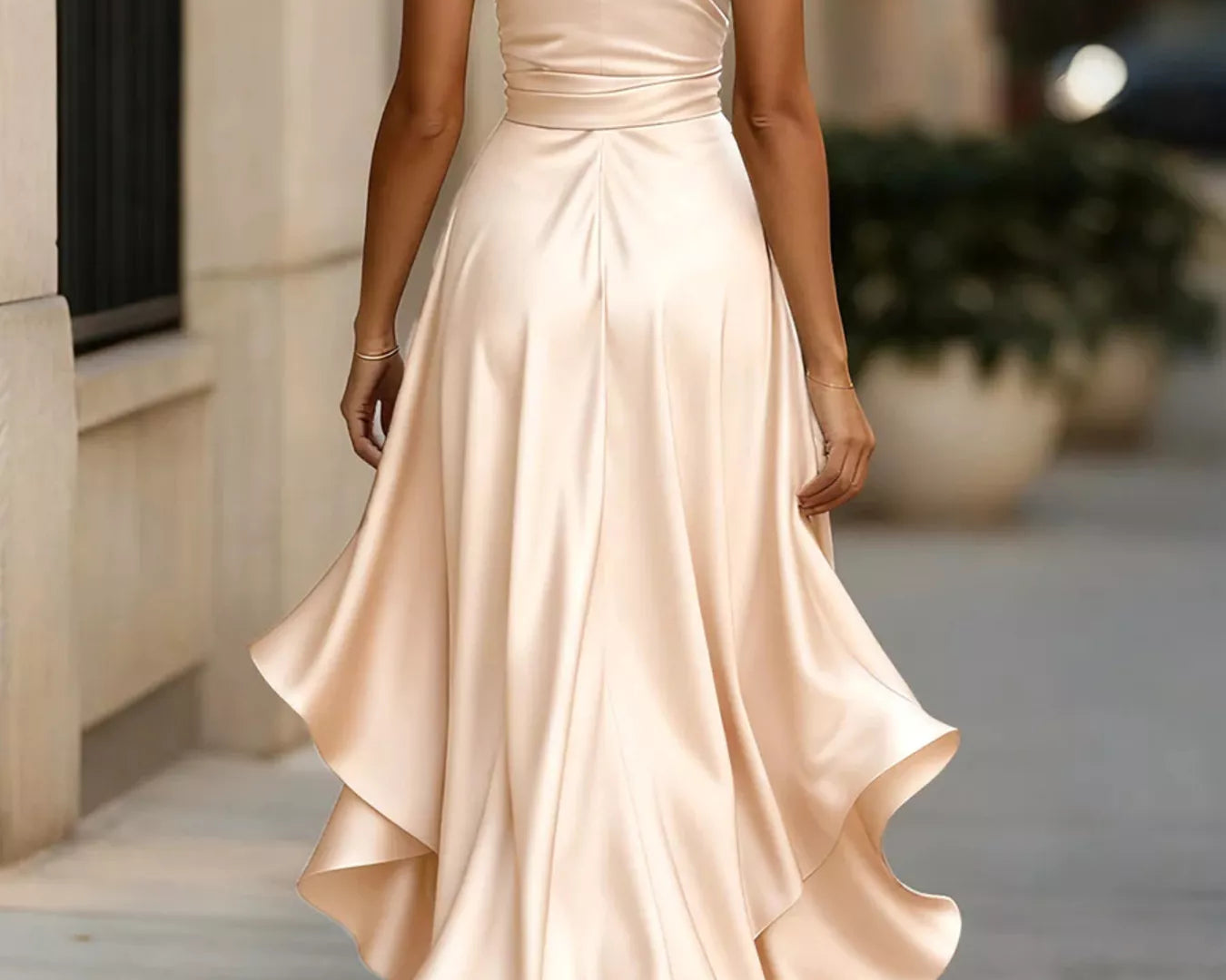 NEWYORKLISTED STYLE COLLECTION: Woman wearing a long, elegant beige dress walking outdoors.