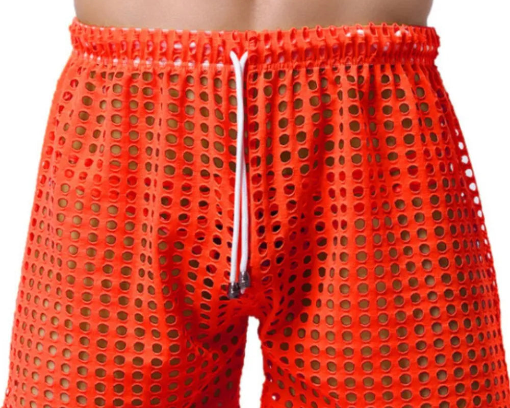 NEWYORKLISTED ATLAS MEN'S COLLECTION: Red mesh swim shorts worn by a person on a white background