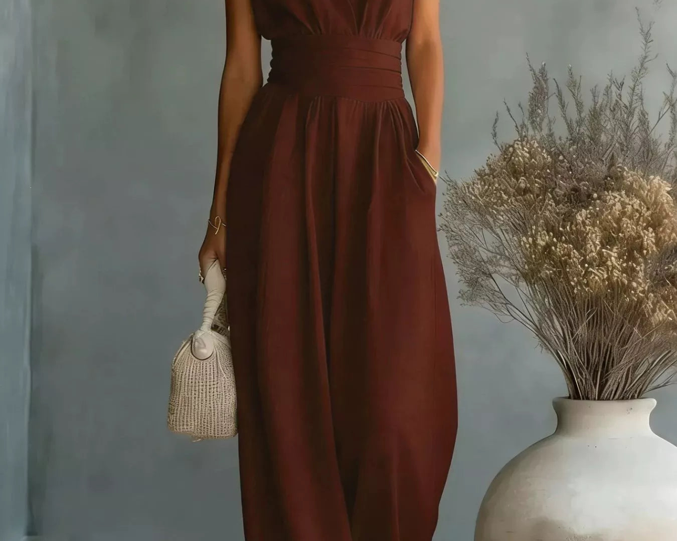 NEWYORKLISTED STYLE COLLECTION: Woman wearing a brown jumpsuit holding a small bag in a minimalistic setting with a vase of dried flowers.