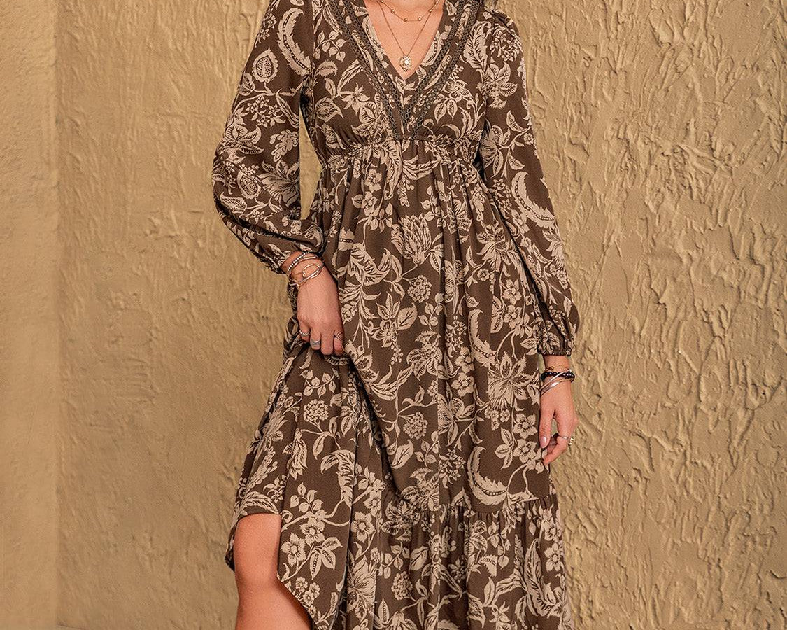 Ruched Printed V-Neck Long Sleeve Midi Dress - NEWYORKLISTED