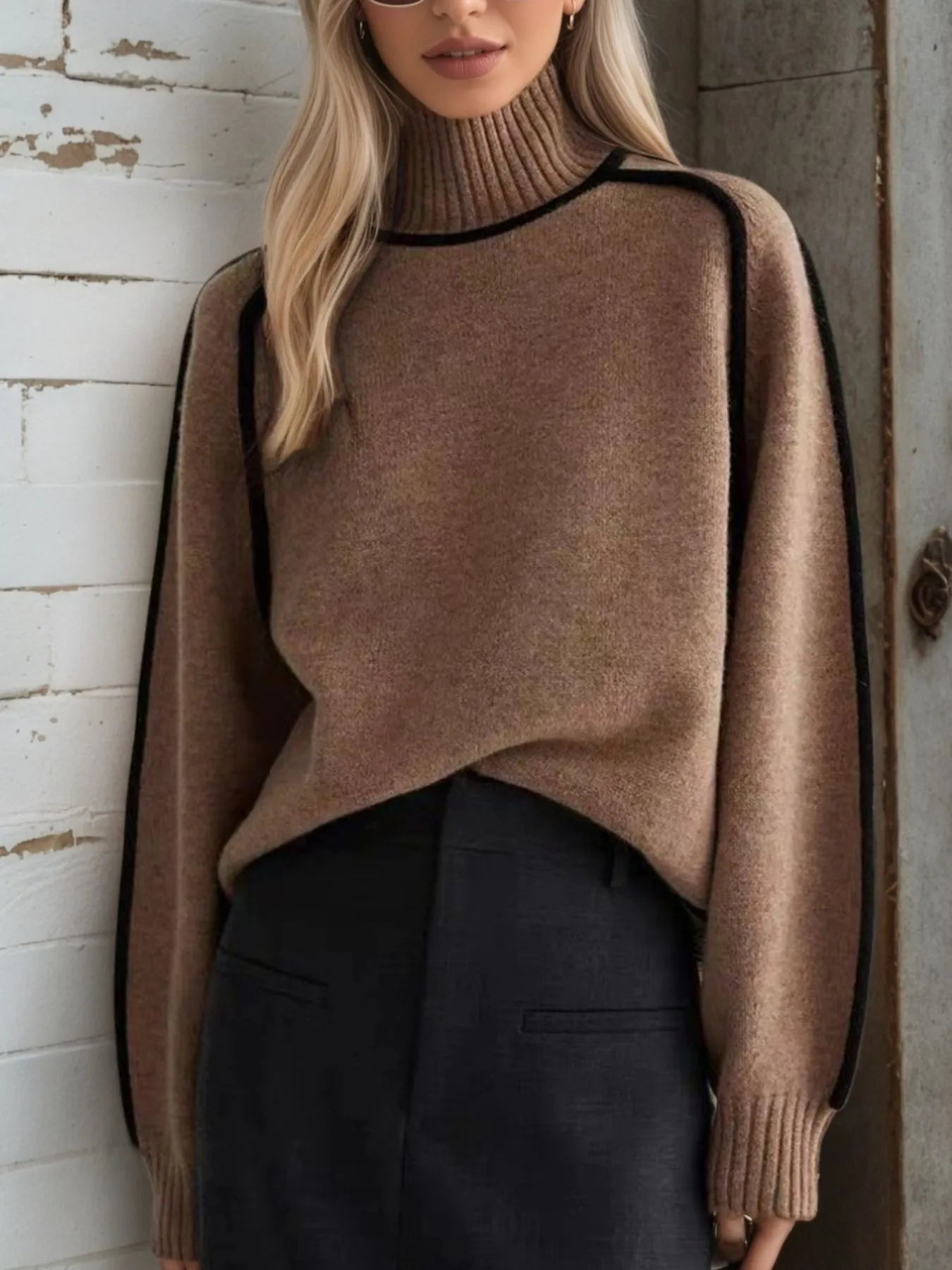 NEWYORKLISTED STYLE COLLECTION: Person wearing a brown sweater with black trim against a textured wall.