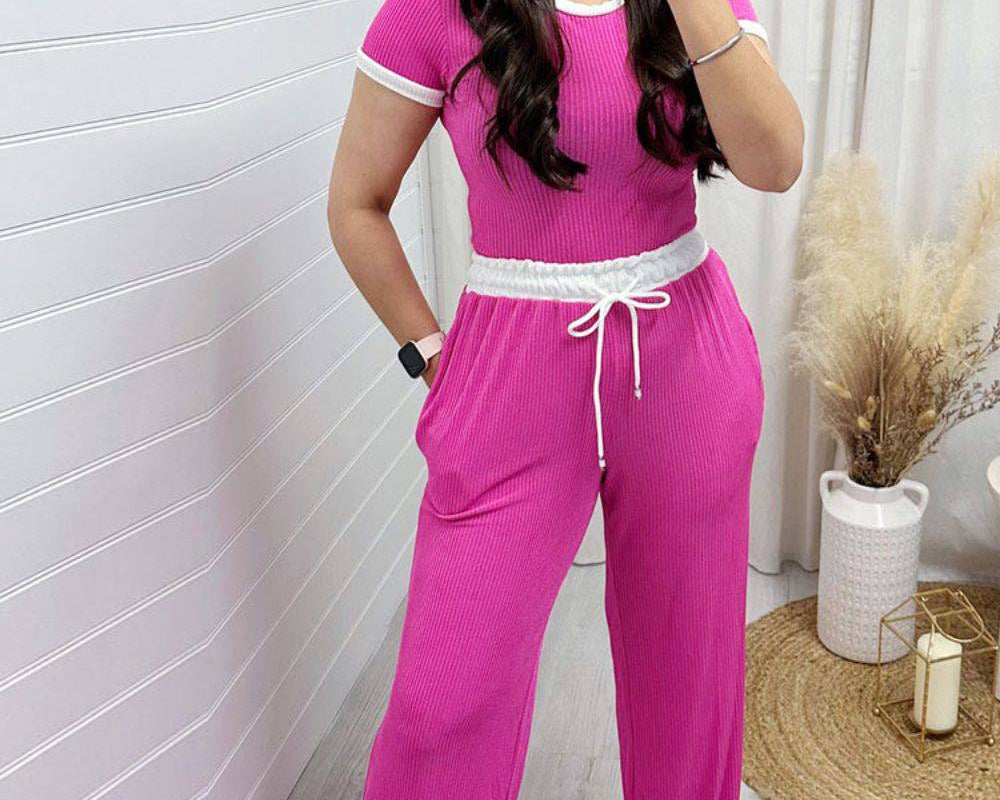 NYLD: Contrast Trim Round Neck Top and Pants Set - NEWYORKLISTED