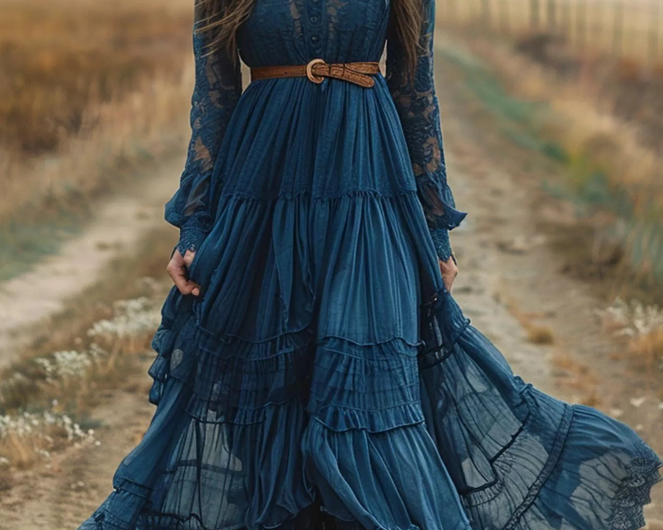 NEWYORKLISTED STYLE COLLECTION: Woman in a blue lace dress standing on a dirt path with autumn scenery.