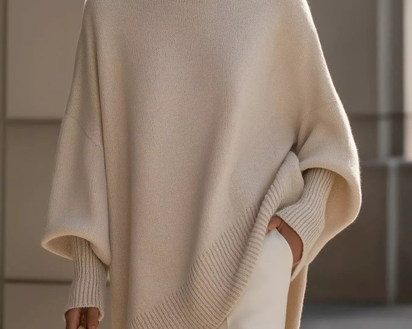NEWYORKLISTED STYLE COLLECTION: Woman wearing a beige poncho with a blurred background
