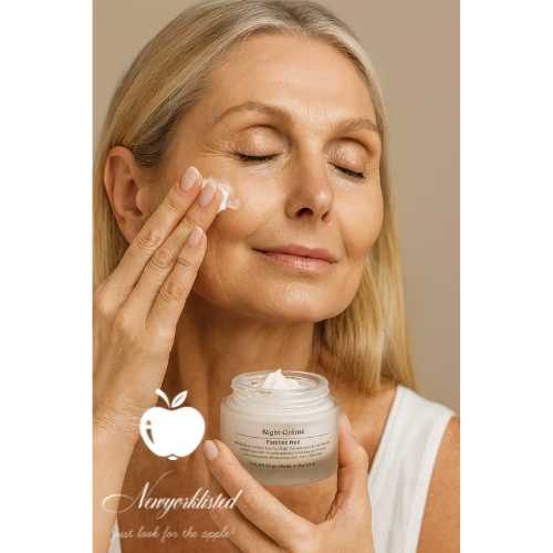 NEWYORKLISTED Cosmetic Collection: Woman applying night renewal cream to her face with a jar of NEWYORKLISTED 'Nuit Crème' in the foreground.