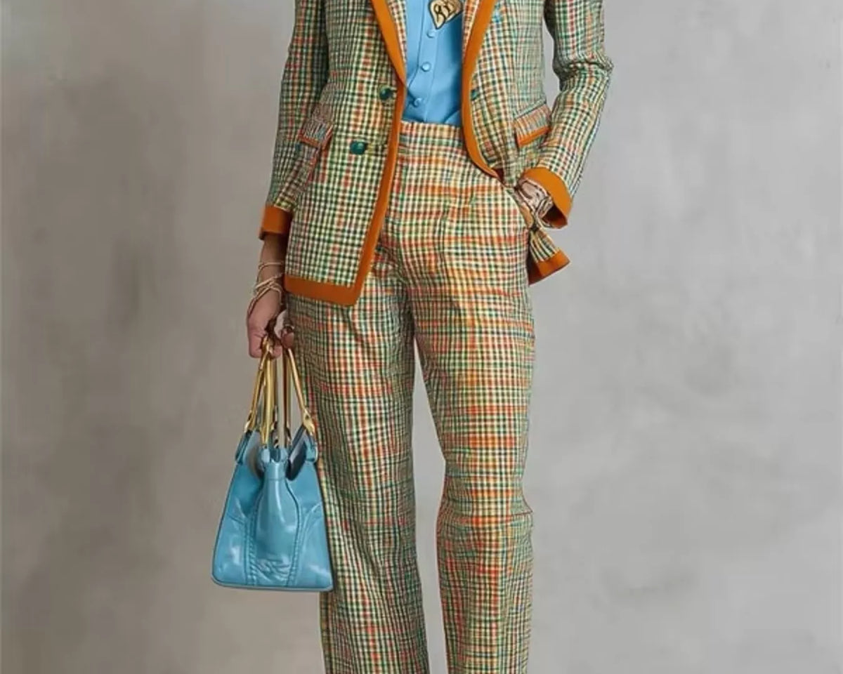 NEWYORKLISTED STYLE COLLECTION: A model wears a matching plaid blazer and trousers set in green, orange, and beige tones, styled with a bright blue shirt, a blue handbag, and blue strappy heels against a textured gray studio backdrop.