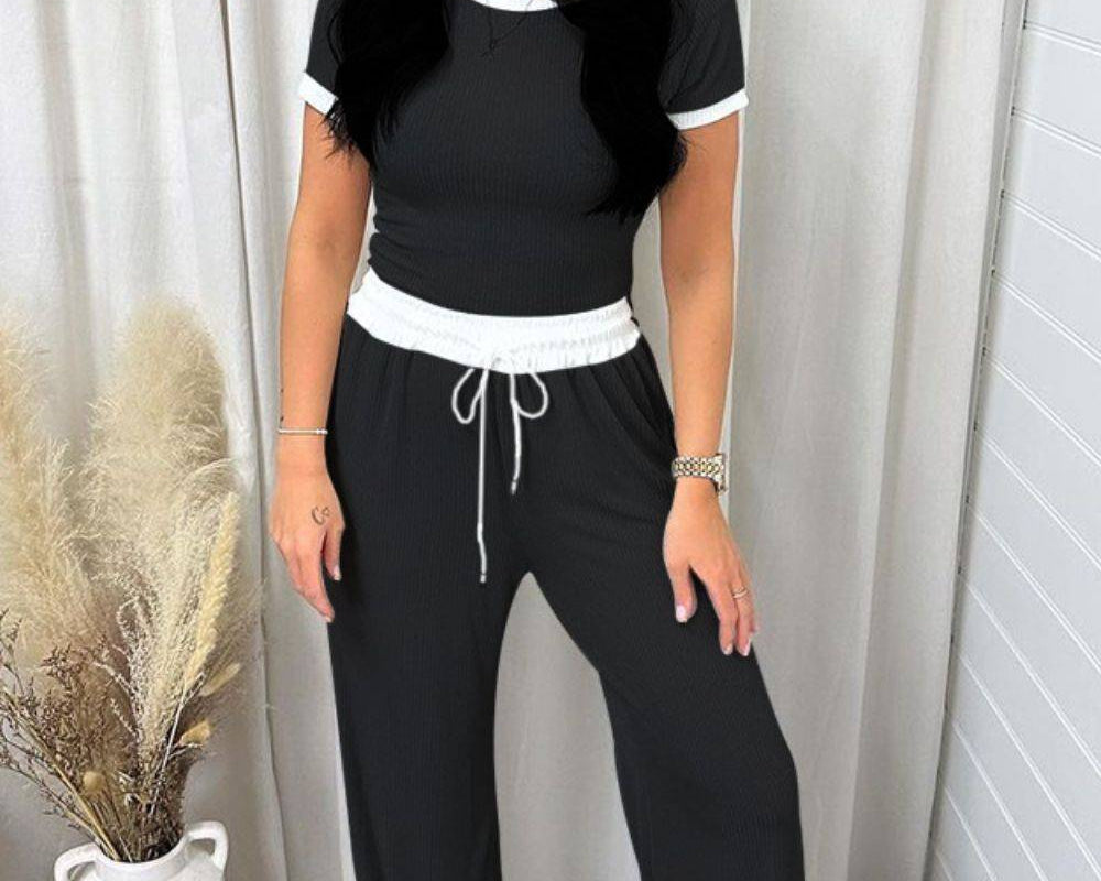 NYLD: Contrast Trim Round Neck Top and Pants Set - NEWYORKLISTED