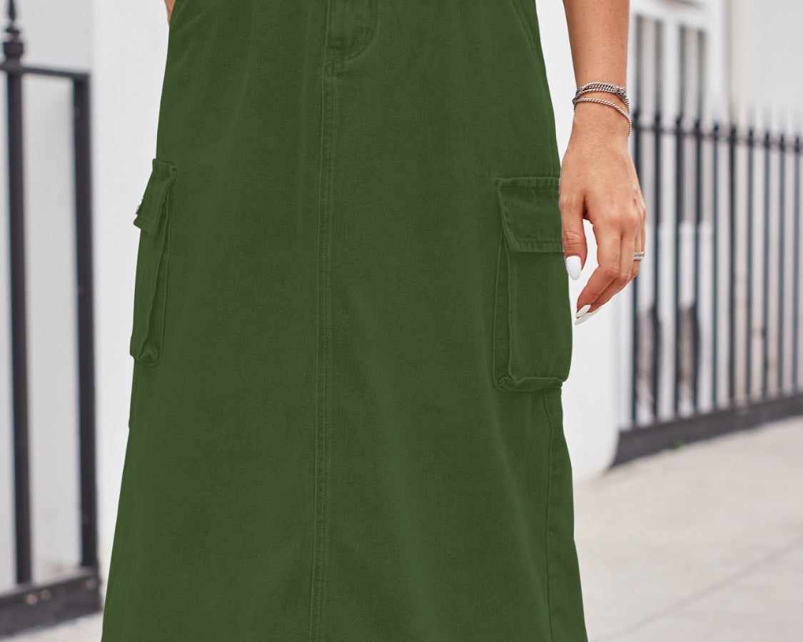 Slit Buttoned Denim Skirt with Pockets - NEWYORKLISTED