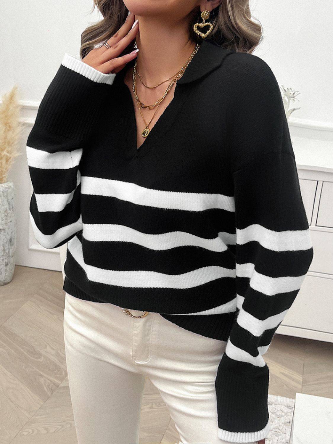 NYLD Striped Collared Neck Long Sleeve Sweater - NEWYORKLISTED