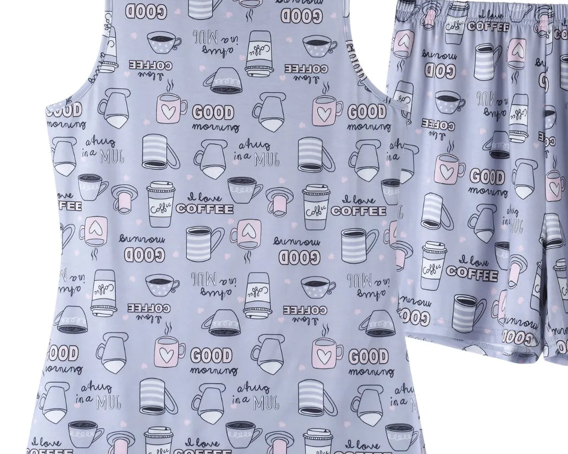 NEWYORKLISTED Intimate Apparel: Tank top and shorts set with coffee-themed design on a white background