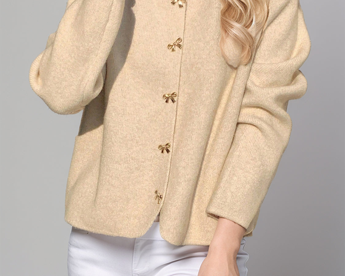 NEWYORKLISTED STYLE COLLECTION: Bow Button Long Sleeve Cardigan - NEWYORKLISTED