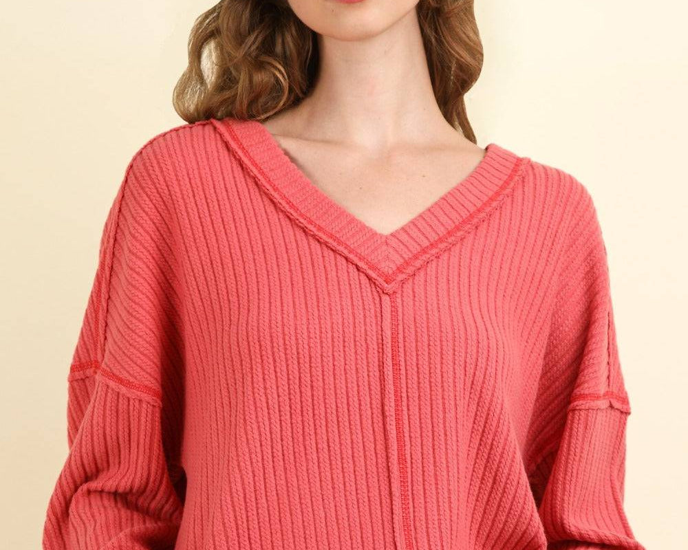 NEWYORKLISTED STYLE COLLECTION: Exposed Seam V-Neck Ribbed Knit Top - NEWYORKLISTED