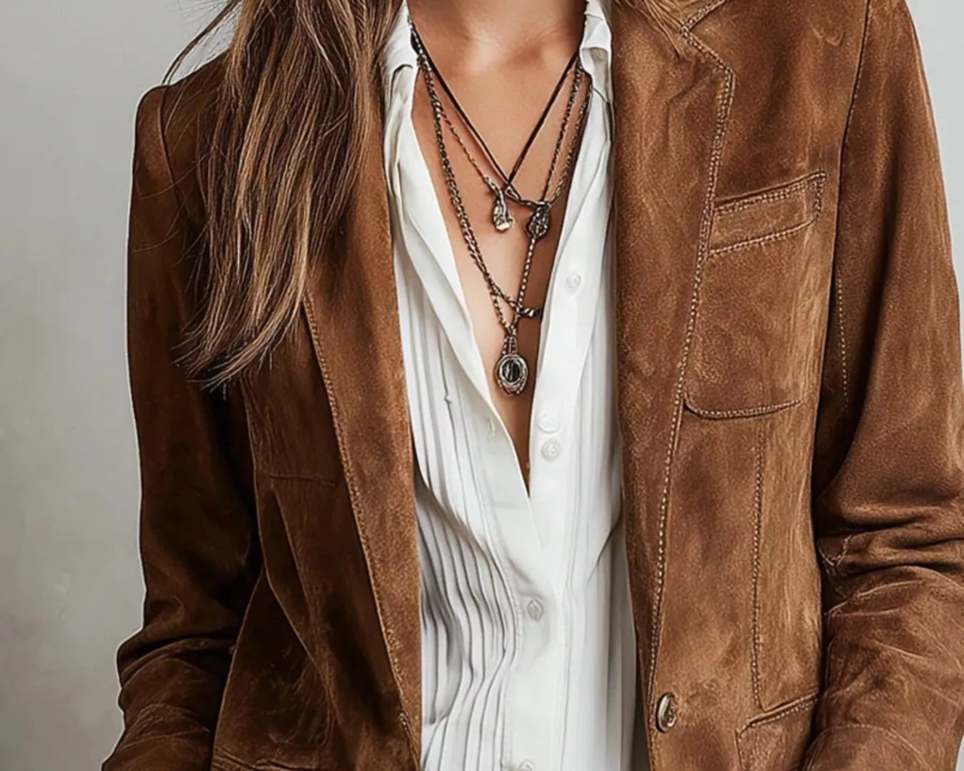 NEWYORKLISTED STYLE COLLECTION: Person wearing a brown suede jacket over a white shirt with a neutral background