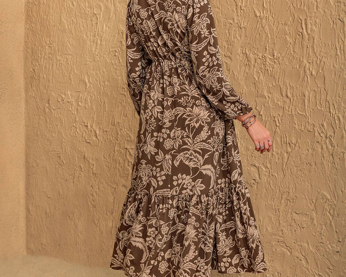 Ruched Printed V-Neck Long Sleeve Midi Dress - NEWYORKLISTED