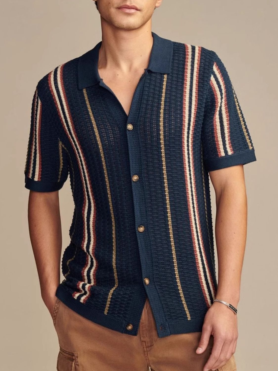 NEWYORKLISTED ATLAS MEN’S COLLECTION: Men’s Plus Size Striped Collared Neck Short Sleeve Shirt in Navy