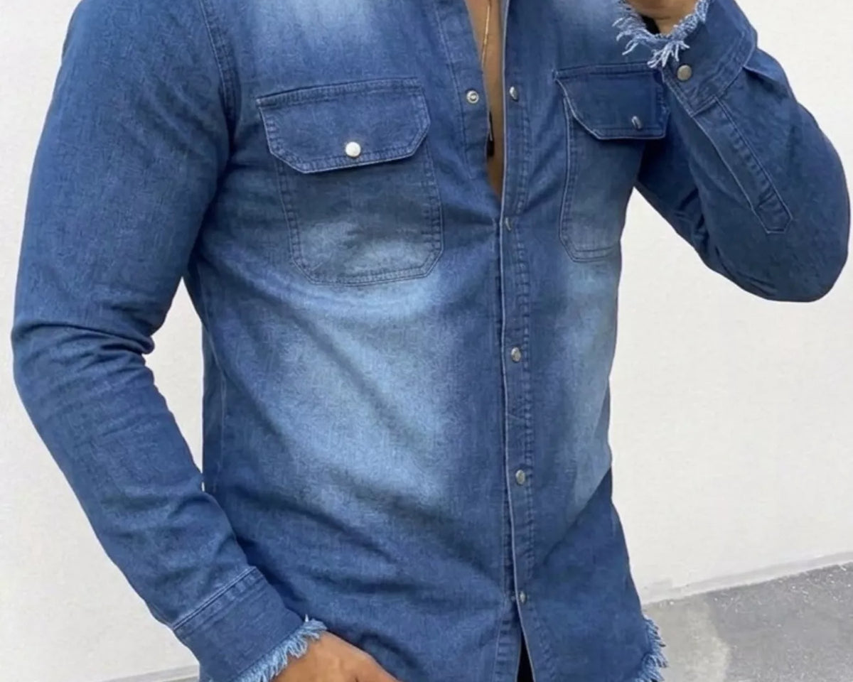NEWYORKLISTED ATLAS MEN'S COLLECTION – Men's frayed-hem denim-look button-down shirt, product image 1