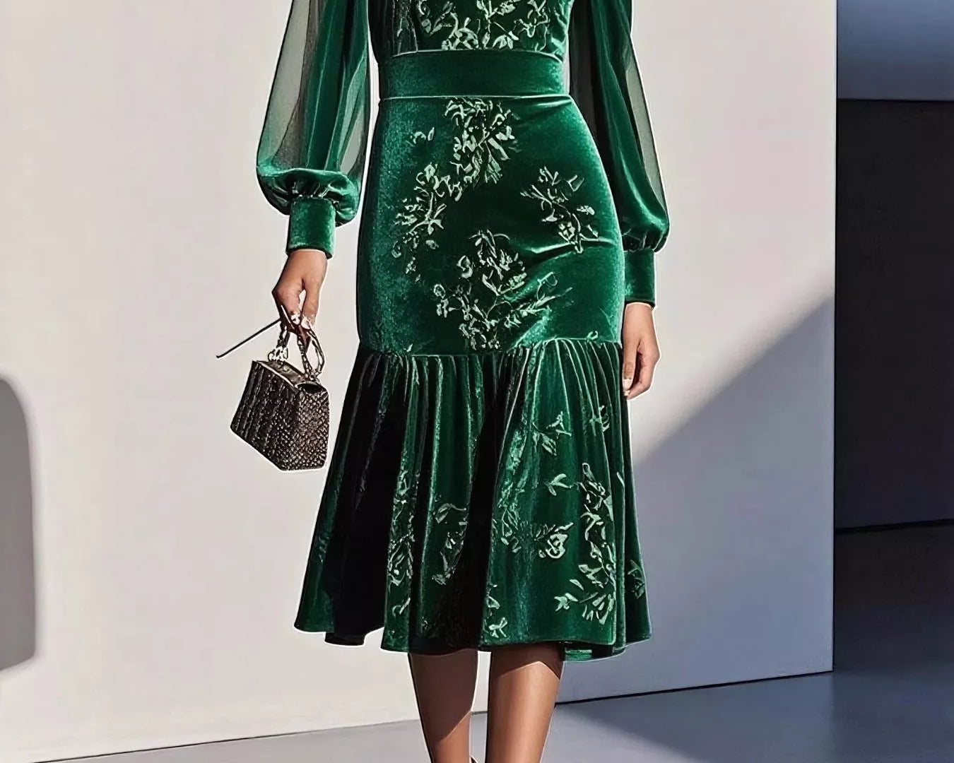 NEWYORKLISTED RUNWAY STYLE: Green velvet dress with floral embroidery worn by a model against a neutral background
