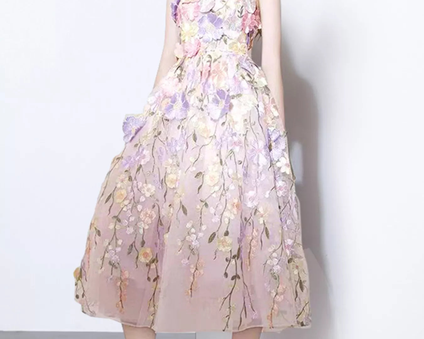 NEWYORKLISTED STYLE COLLECTION: Woman wearing a floral strapless dress on a white background