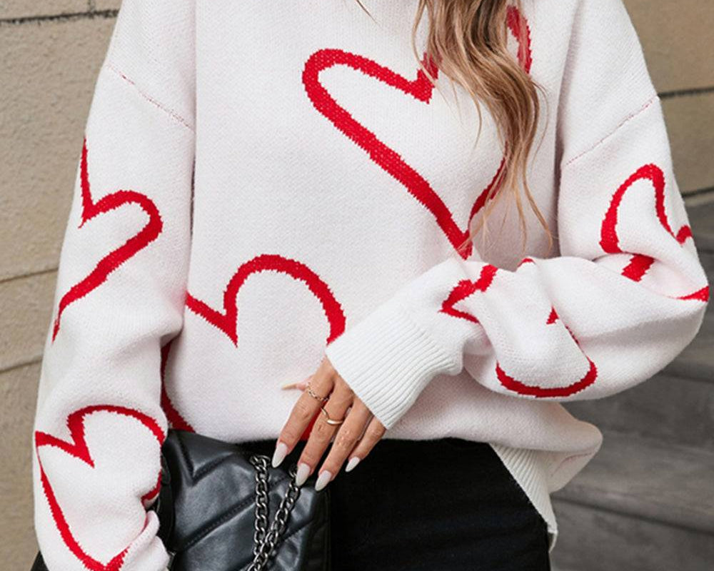 NEWYORKLISTED STYLE COLLECTION: Heart Dropped Shoulder Long Sleeve Sweater - NEWYORKLISTED