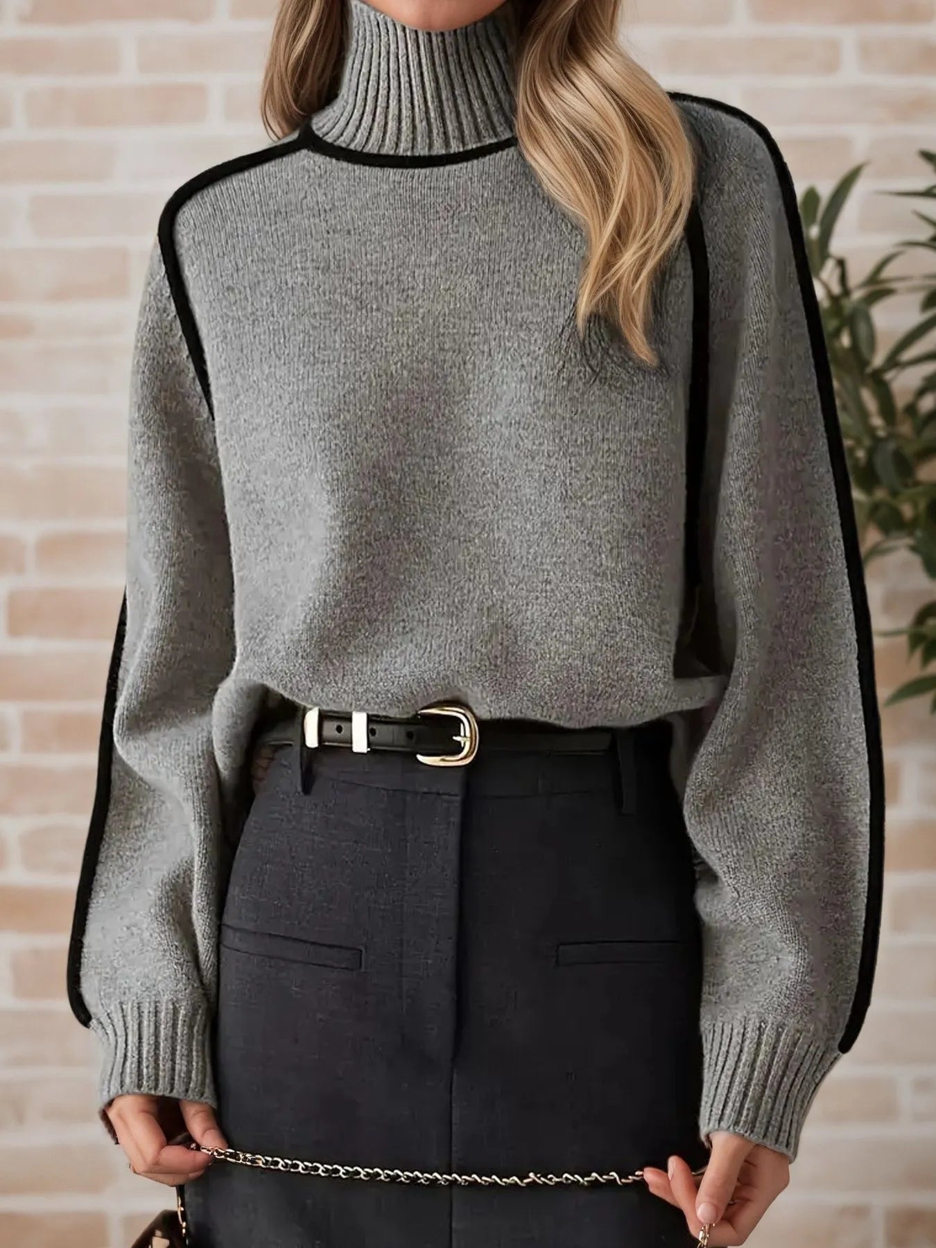 NEWYORKLISTE STYLE COLELCTION: Person wearing a gray sweater with black accents and black pants against a brick wall.