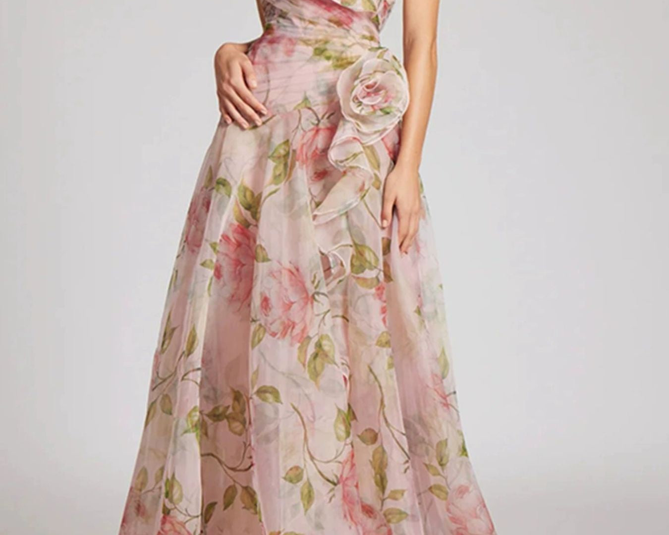 NEWYORKLISTED STYLE COLLECTION: Floral off-shoulder dress on a plain background