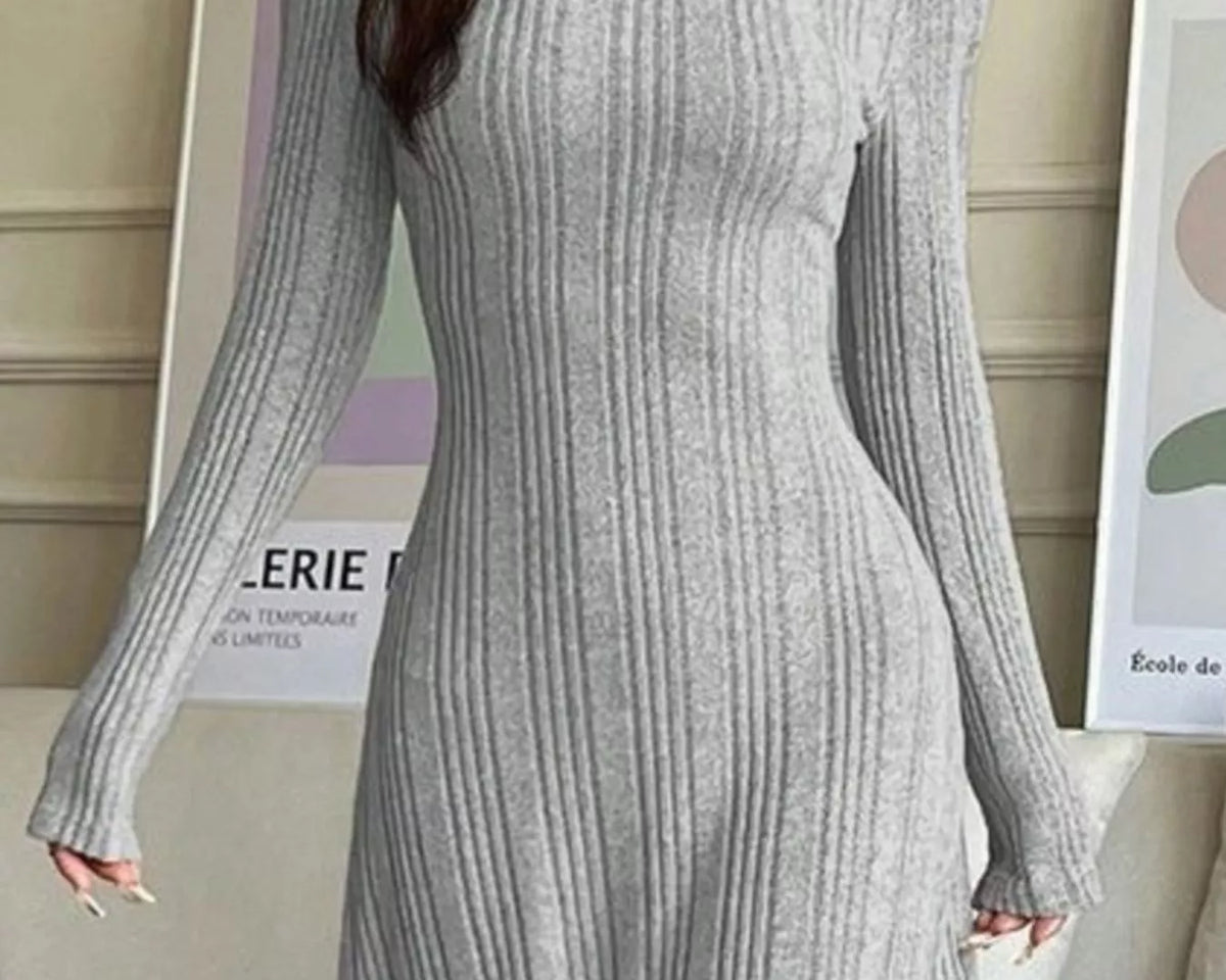NEWYORKLISTED STYLE COLLECTION: A woman wearing a light gray ribbed knit long-sleeve midi dress in a cozy indoor setting with framed art on the wall.