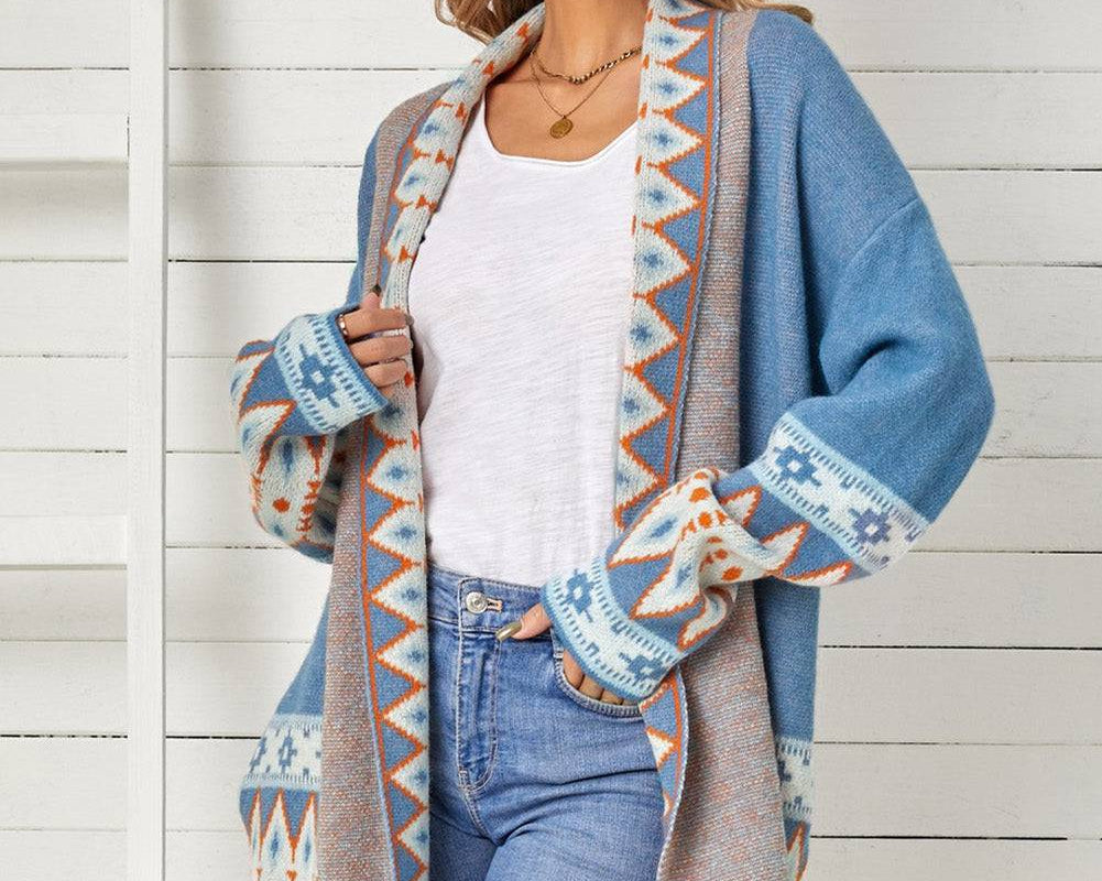 Geometric Open Front Long Sleeve Cardigan - NEWYORKLISTED