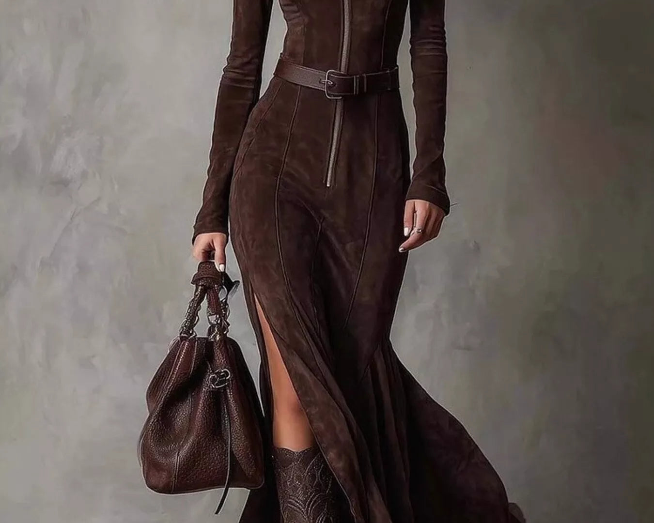 Elegant zipper front long sleeve slit maxi dress NEWYORKLISTED