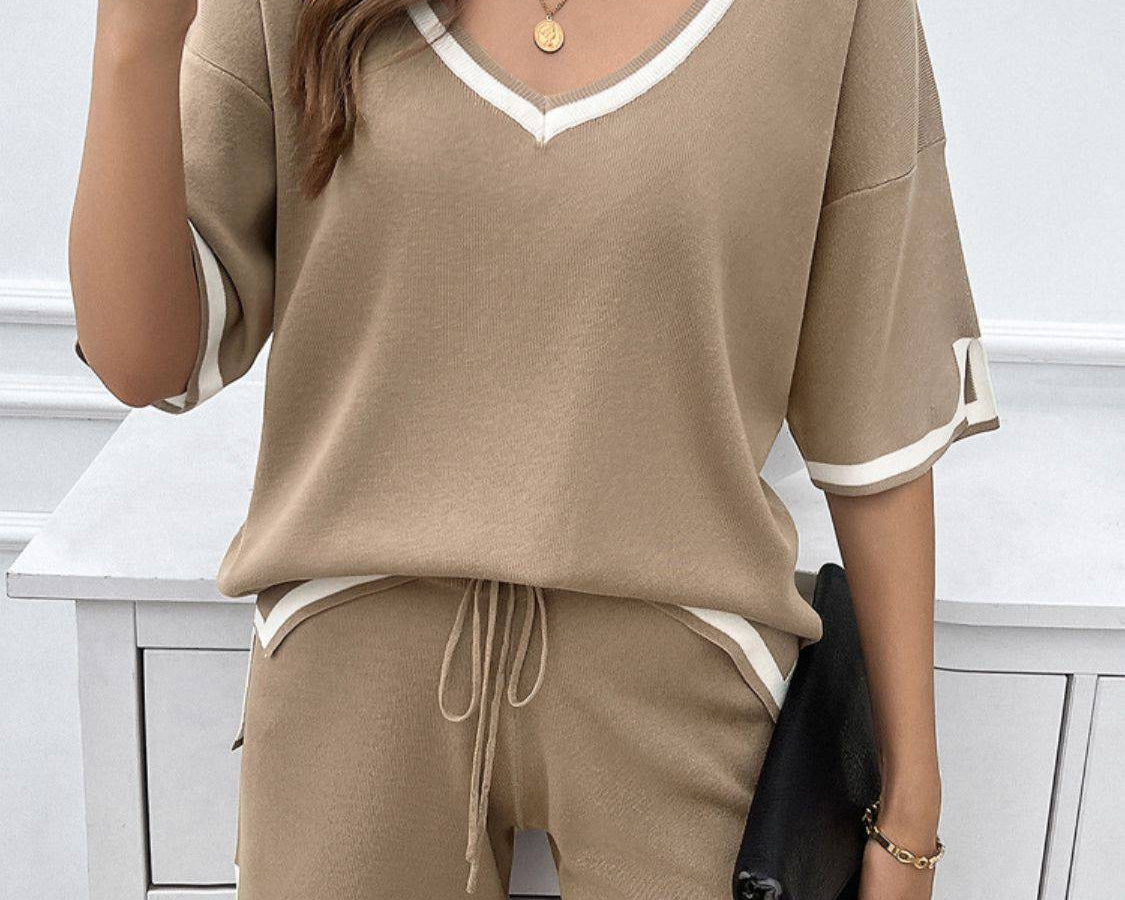 NYLD: Contrast Trim V-Neck Top and Shorts Set - NEWYORKLISTED