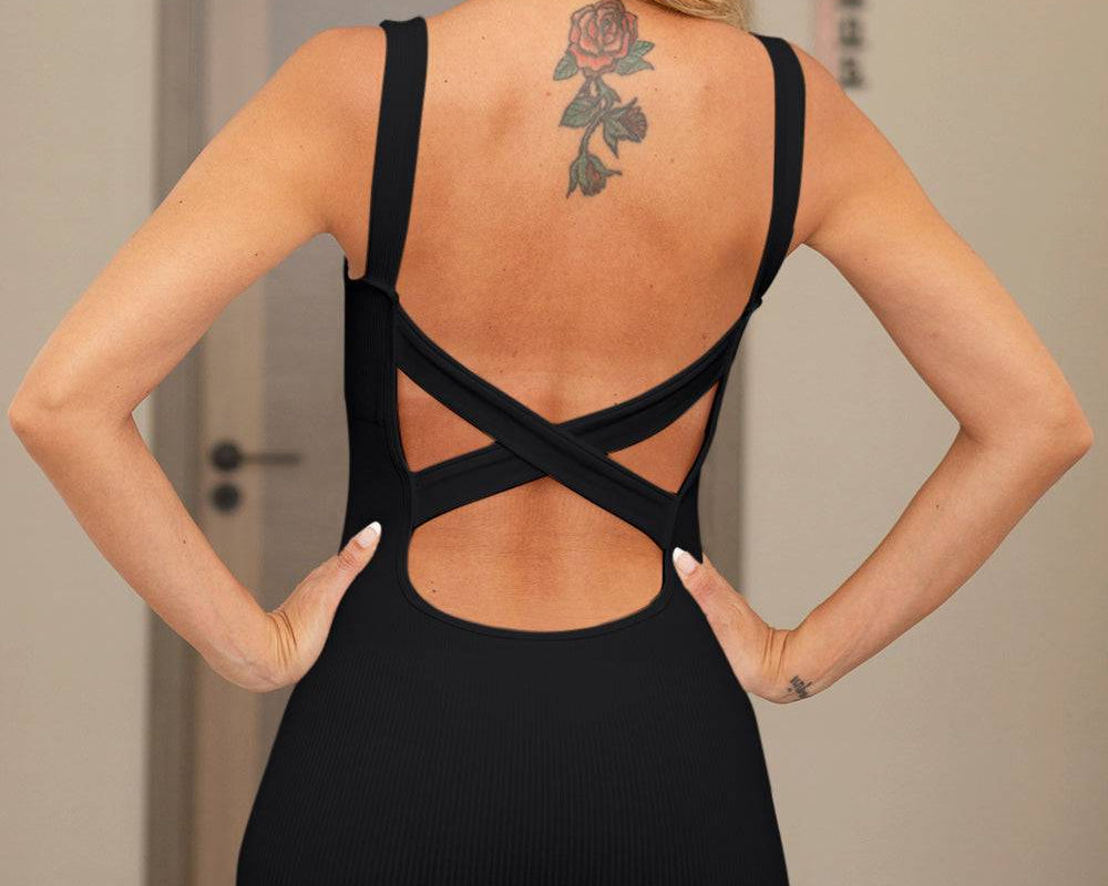 Crisscross Wide Strap Active Romper: NEWYORKLISTED STYLE COLLECTION - NEWYORKLISTED