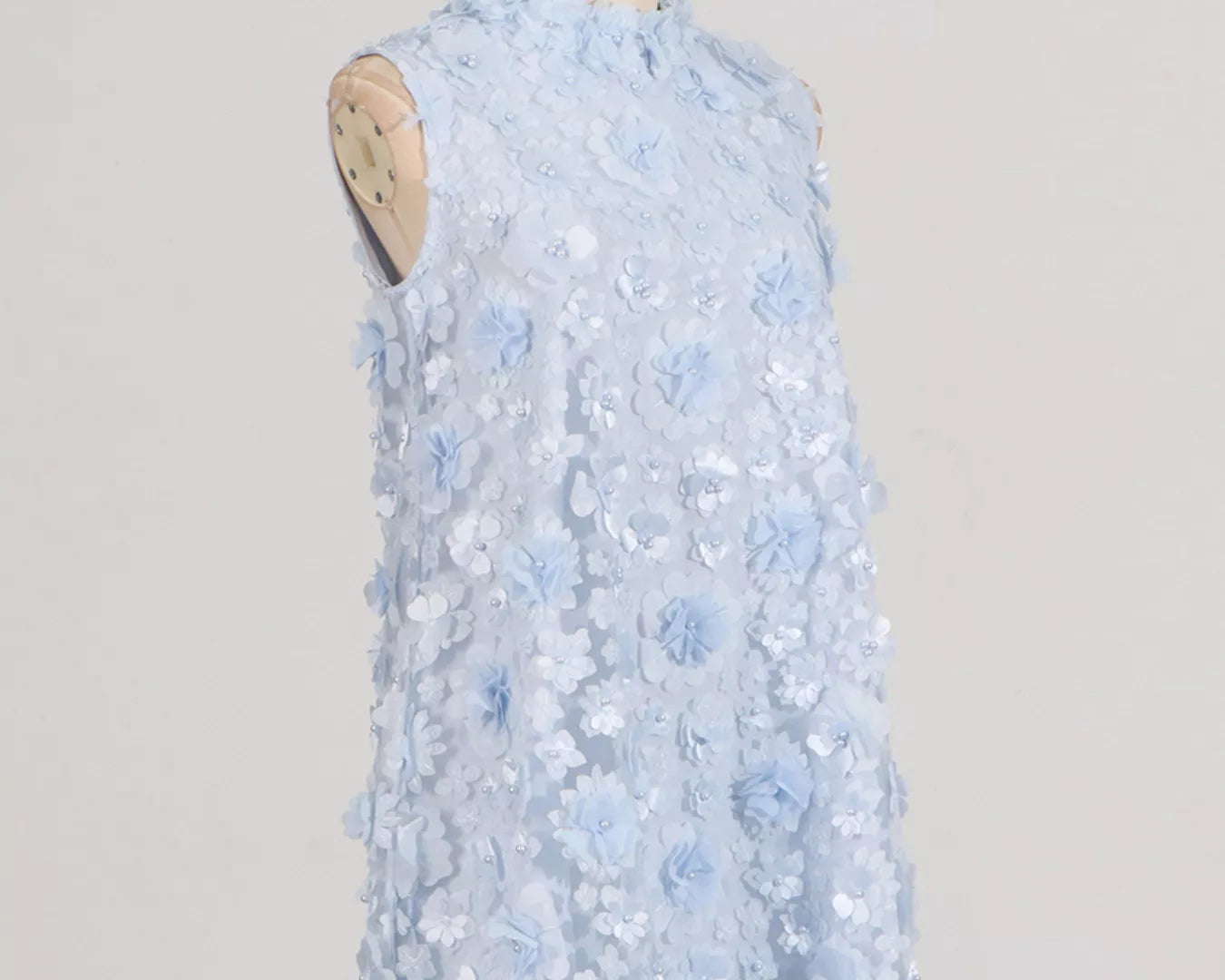 NEWYORKLISTED STYLE COLLECTION: Light blue floral dress on a mannequin against a plain background