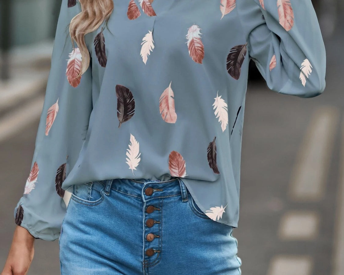 NEWYORKLISTED STYLE COLLECTION: Feather Print Balloon Sleeve Top - NEWYORKLISTED