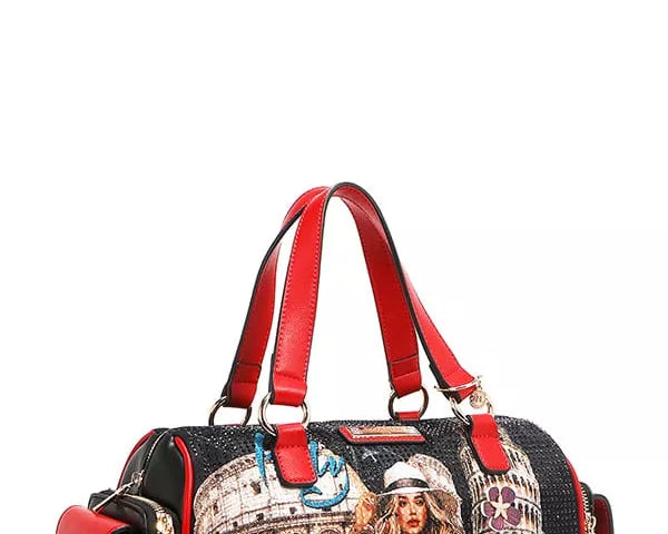 NEWYORKLISTED STYLE COLLECTION: Colorful handbag with a design of a woman and architectural elements on a white background