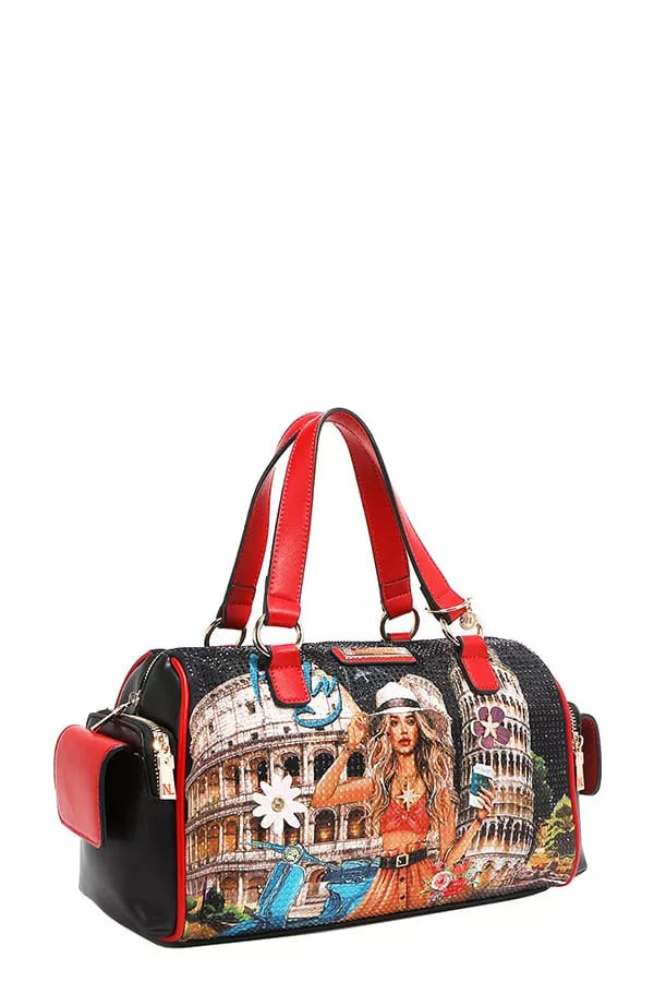 NEWYORKLISTED STYLE COLLECTION: Colorful handbag with a design of a woman and architectural elements on a white background
