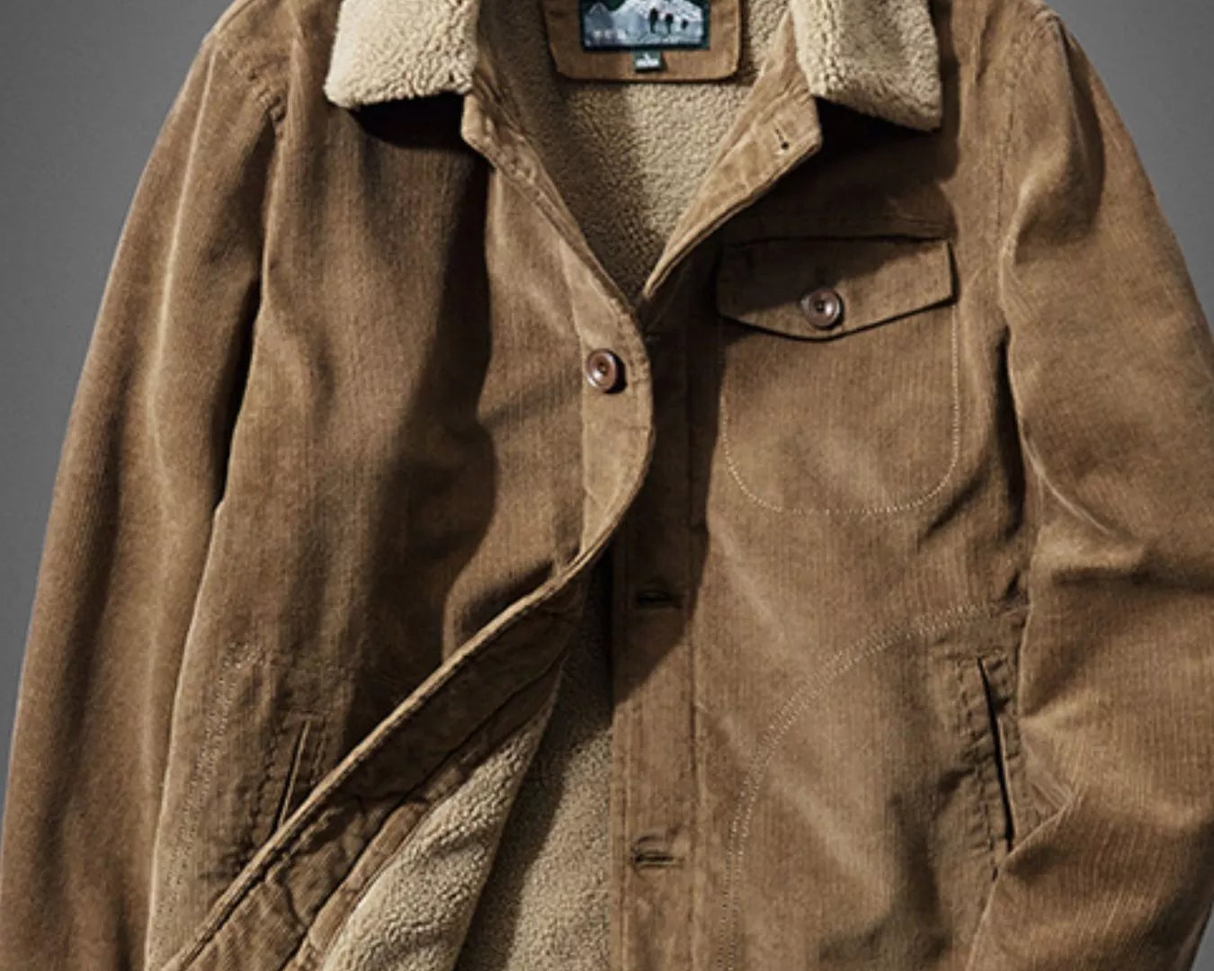NEWYORKLISTED ATLAS MEN'S COLLECTION: Brown jacket with sherpa lining on a gray background